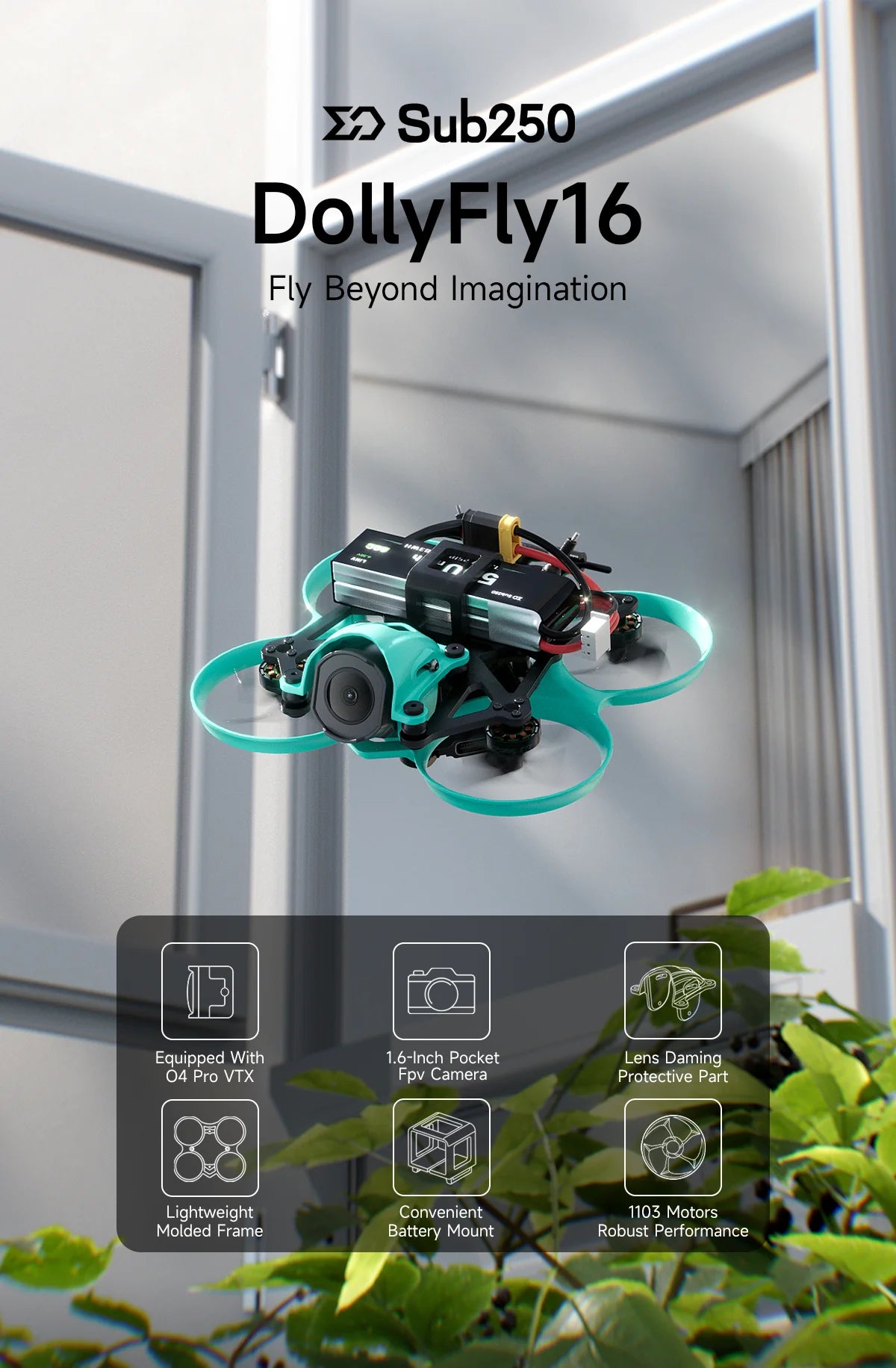 Sub250 - DollyFly16 1.6-inch HD O4 Pro 2S Whoop FPV Drone