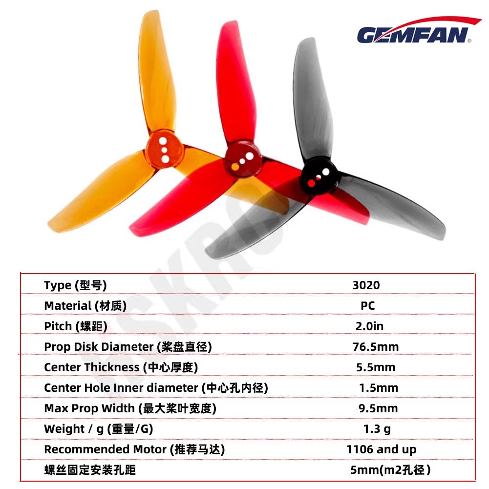Gemfan Hurricane 3020-3 - Durable Lightweight 3 Inch 3-Blade Tri-Blade Propeller