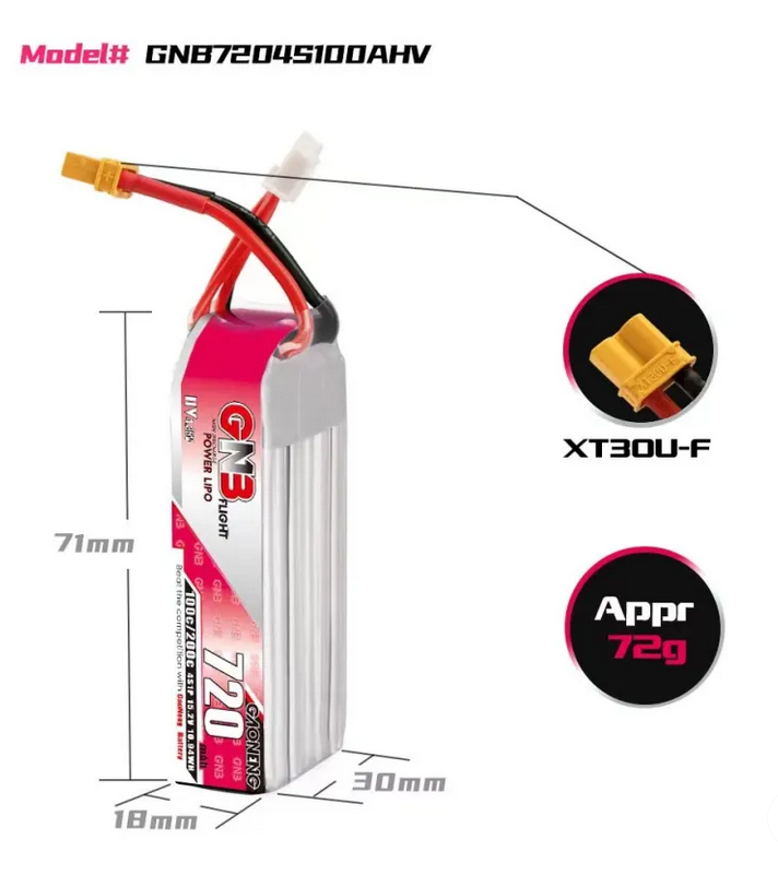 GAONENG GNB LiHV 4S 15.2V 720mAh 100C XT30 LiPo Battery Long Type